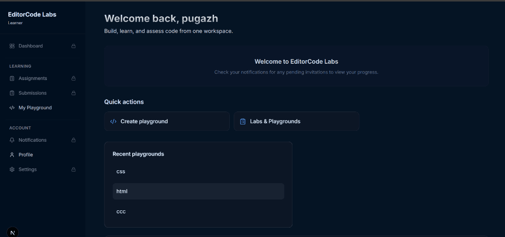 EditorCode Labs Learner Dashboard Preview
